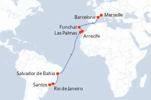 Carte itinéraire croisière  - 17 jours au départ de Marseille - Transatlantique