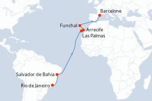 Carte itinéraire croisière  - 15 jours au départ de Barcelone - Transatlantique