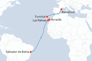 Carte itinéraire croisière - 12 jours au départ de Barcelone - Transatlantique