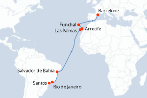Carte itinéraire croisière  - 16 jours au départ de Barcelone - Transatlantique