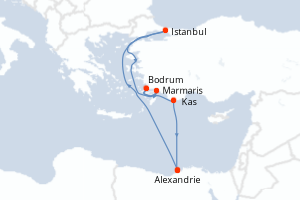 Carte itinéraire croisière - 7 jours au départ de Alexandrie - Méditerranée