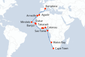 Carte itinéraire croisière - 24 jours au départ de Cape Town - Méditerranée