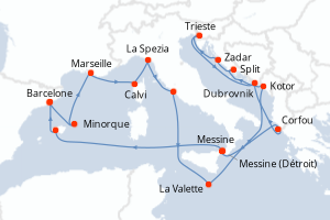 Carte itinéraire croisière - 21 jours au départ de Barcelone - Méditerranée
