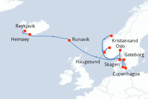 Carte itinéraire croisière - 12 jours au départ de Copenhague - Europe du Nord