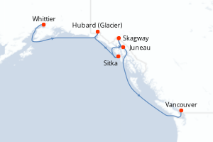 Carte itinéraire croisière - 7 jours au départ de Whittier - Alaska