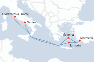 Carte itinéraire croisière - 6 jours au départ de Civitavecchia - Rome - Méditerranée
