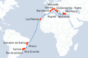 Carte itinéraire croisière - 25 jours au départ de Civitavecchia - Rome - Transatlantique