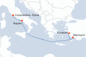 Carte itinéraire croisière - 4 jours au départ de Kusadasi - Méditerranée