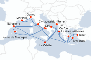 Carte itinéraire croisière - 10 jours au départ de Barcelone - Méditerranée