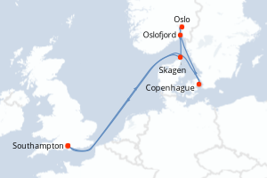 Carte itinéraire croisière - 7 jours au départ de Southampton - Europe du Nord