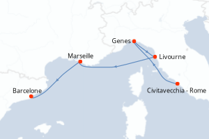 Carte itinéraire croisière - 4 jours au départ de Civitavecchia - Rome - Méditerranée