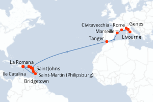 Carte itinéraire croisière  - 25 jours au départ de Civitavecchia - Rome - Transatlantique