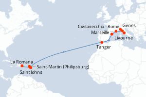Carte itinéraire croisière - 18 jours au départ de Civitavecchia - Rome - Transatlantique