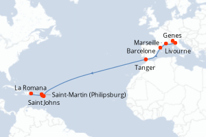 Carte itinéraire croisière - 17 jours au départ de Genes - Transatlantique