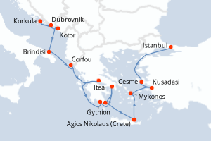Carte itinéraire croisière - 15 jours au départ de Dubrovnik - Méditerranée