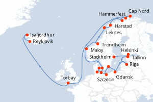 Carte itinéraire croisière - 24 jours au départ de Stockholm - Europe du Nord
