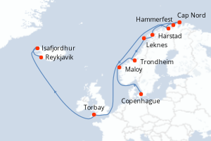 Carte itinéraire croisière - 13 jours au départ de Copenhague - Europe du Nord