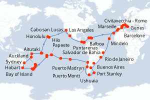 Carte itinéraire croisière - 121 jours au départ de Civitavecchia - Rome - Tour du Monde