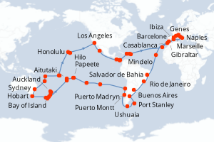 Carte itinéraire croisière - 121 jours au départ de Genes - Tour du Monde