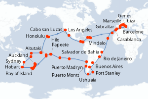 Carte itinéraire croisière Tour du monde 2027. - 121 jours au départ de Marseille - Tour du Monde