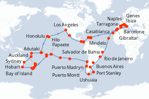 Carte itinéraire croisière - 121 jours au départ de Barcelone - Tour du Monde
