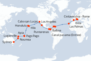 Carte itinéraire croisière  - 50 jours au départ de Sydney - Méditerranée