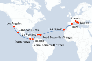 Carte itinéraire croisière  - 29 jours au départ de Los Angeles - Transatlantique