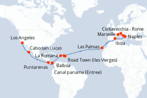 Carte itinéraire croisière  - 30 jours au départ de Los Angeles - Transatlantique