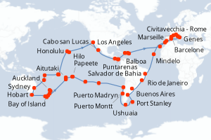 Carte itinéraire croisière - 121 jours au départ de Civitavecchia - Rome - Tour du Monde