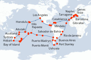 Carte itinéraire croisière - 121 jours au départ de Barcelone - Tour du Monde