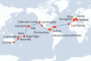 Carte itinéraire croisière  - 53 jours au départ de Sydney - Méditerranée