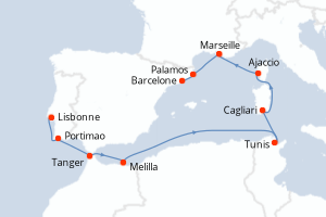 Carte itinéraire croisière - 10 jours au départ de Lisbonne - Méditerranée
