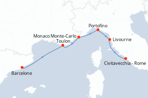 Carte itinéraire croisière - 7 jours au départ de Barcelone - Méditerranée