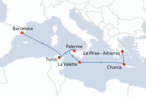 Carte itinéraire croisière - 7 jours au départ de Le Piree - Athenes - Méditerranée
