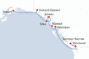 Carte itinéraire croisière - 7 jours au départ de Seward - Alaska