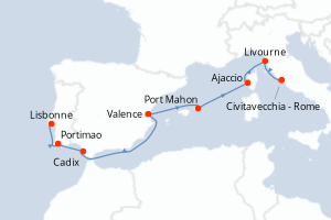 Carte itinéraire croisière - 8 jours au départ de Lisbonne - Méditerranée