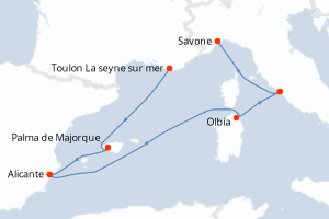Carte itinéraire croisière - 6 jours au départ de Toulon La seyne sur mer - Méditerranée