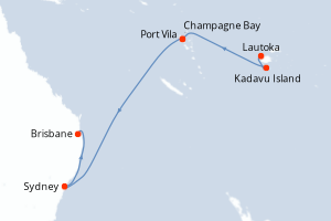 Carte itinéraire croisière - 11 jours au départ de Lautoka - Australie Nouvelle Zélande
