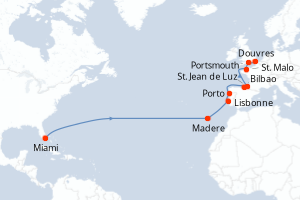 Carte itinéraire croisière - 20 jours au départ de Miami - Transatlantique