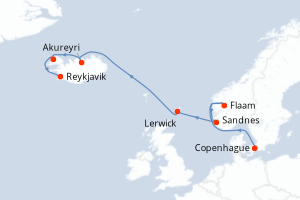 Carte itinéraire croisière  - 8 jours au départ de Copenhague - Europe du Nord