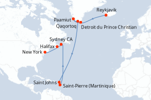 Carte itinéraire croisière - 13 jours au départ de Reykjavik - Amérique du Nord