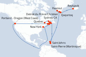 Carte itinéraire croisière  - 23 jours au départ de Reykjavik - Amérique du Nord