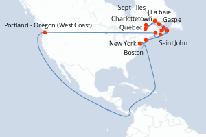 Carte itinéraire croisière  - 20 jours au départ de New York - Amérique du Nord