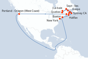 Carte itinéraire croisière - 20 jours au départ de Quebec - Amérique du Nord