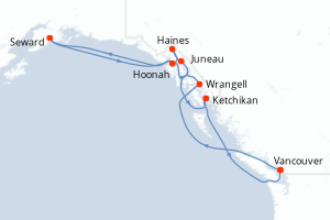 Carte itinéraire croisière  - 12 jours au départ de Vancouver - Alaska