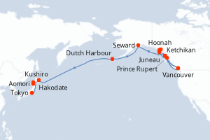 Carte itinéraire croisière  - 26 jours au départ de Vancouver - Asie
