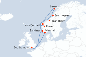 Carte itinéraire croisière  - 12 jours au départ de Southampton - Europe du Nord