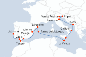 Carte itinéraire croisière  - 17 jours au départ de Lisbonne - Méditerranée