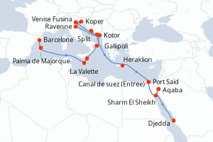 Carte itinéraire croisière - 21 jours au départ de Barcelone - Mer Rouge Océan Indien
