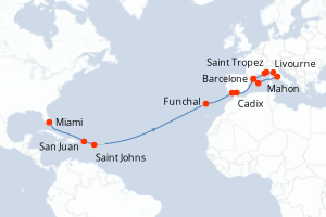 Carte itinéraire croisière  - 23 jours au départ de Miami - Transatlantique